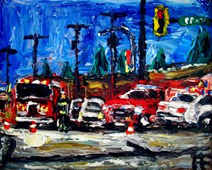 Surrey BC Intersection Acciden oil on canvas panelc8x10, 2017